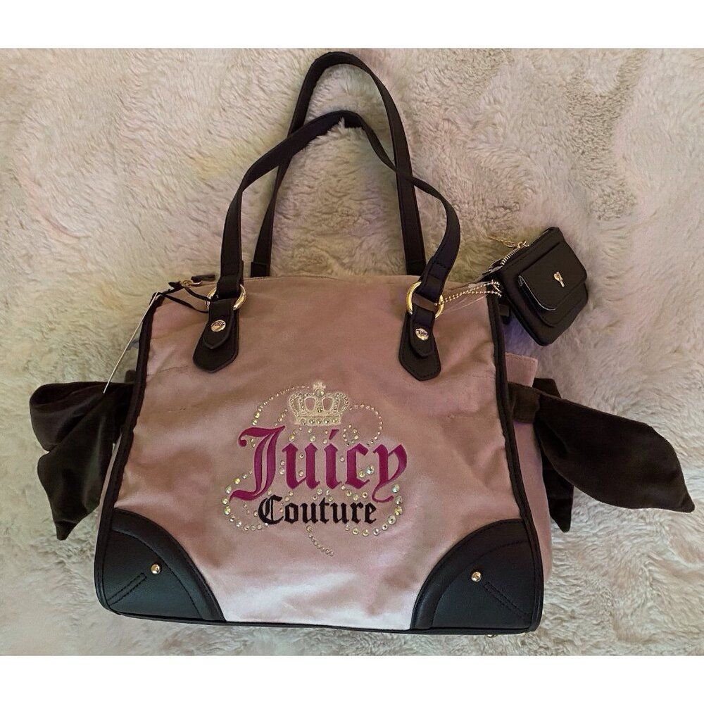 Juicy Couture DREAMY JUICY TOTE Pink Dusty Blush Chocolate W/Coin Purse‎ Velour